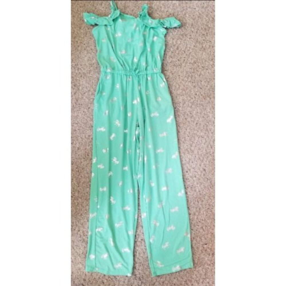 EXTREMELY ME Green Unicorn Print Off Shoulder Jumpsuit Girls Size 14